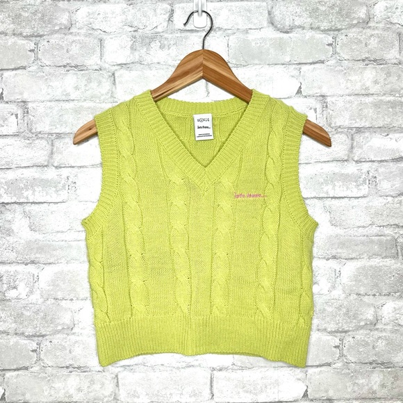 iets frans Cable Knit Sweater Vest size Small Y2K fitted Chartreuse Green - Picture 4 of 8